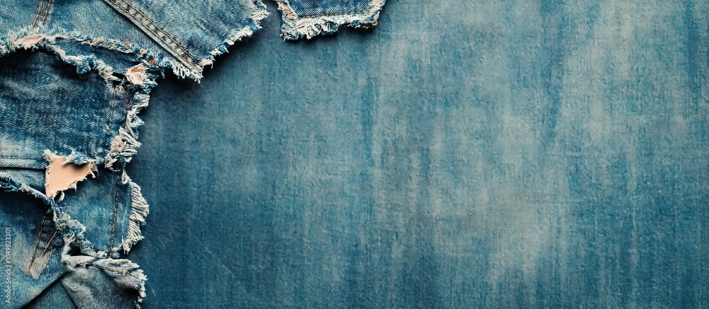 Poster Vintage jeans with a torn denim texture for a background. with copy space image. Place for adding text or design