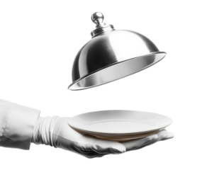 Waiter's white-gloved hand presenting a dish with a raised silver cover, isolated on transparent cutout background