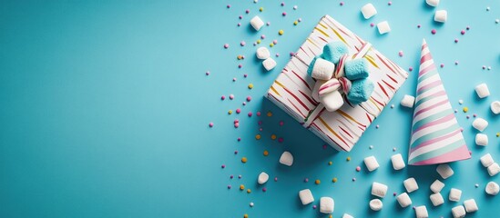 Obraz premium Birthday greeting card featuring a gift box marshmallows and a party hat on a blue background with copyspace