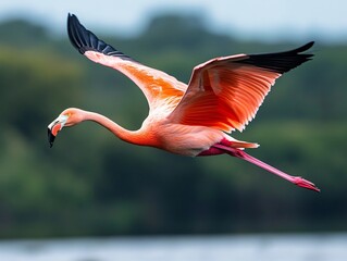 Flamingo in Flight with a Soft Natural Blur Background