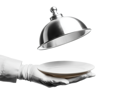 Waiter's white-gloved hand presenting a dish with a raised silver cover, isolated on transparent cutout background