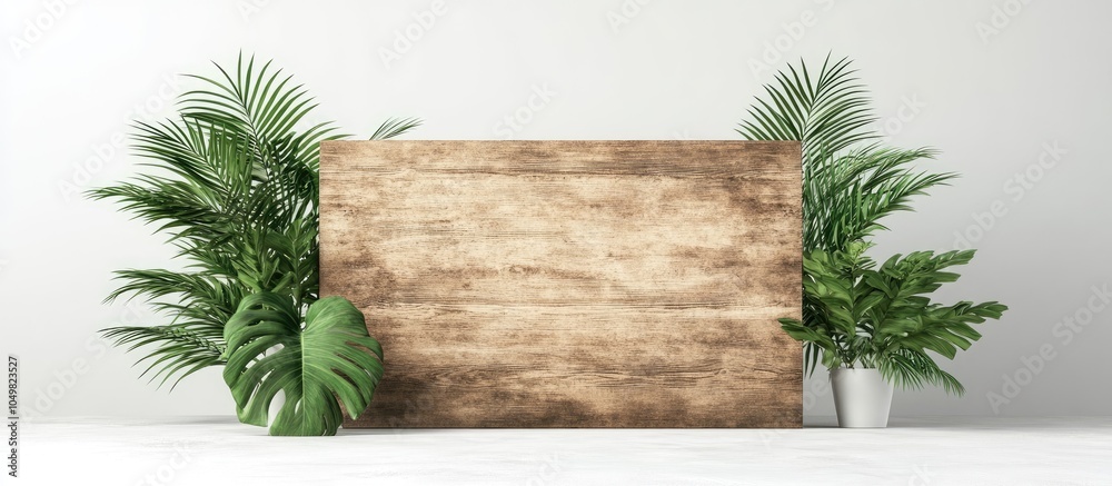 Poster Blank sign for a message on a wooden panel with a green plant the image is set against a white background. with copy space image. Place for adding text or design