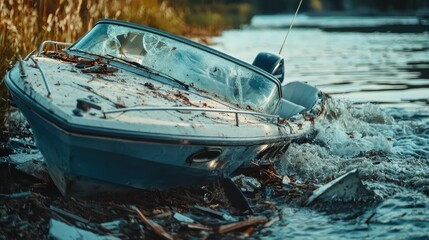 A dramatic photo of a boat accident with debris in the water, showcasing the aftermath of the incident