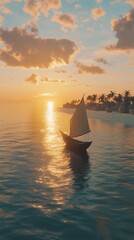 Serene sailboat drifting on calm tropical waters during a golden sunset, silhouetted against palm trees and a tranquil coastline.