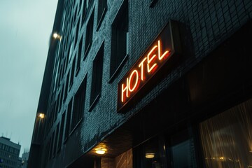 Fototapeta premium A glowing neon hotel sign illuminates a rainy city evening, capturing the mood and ambiance of urban nightlife and travel.