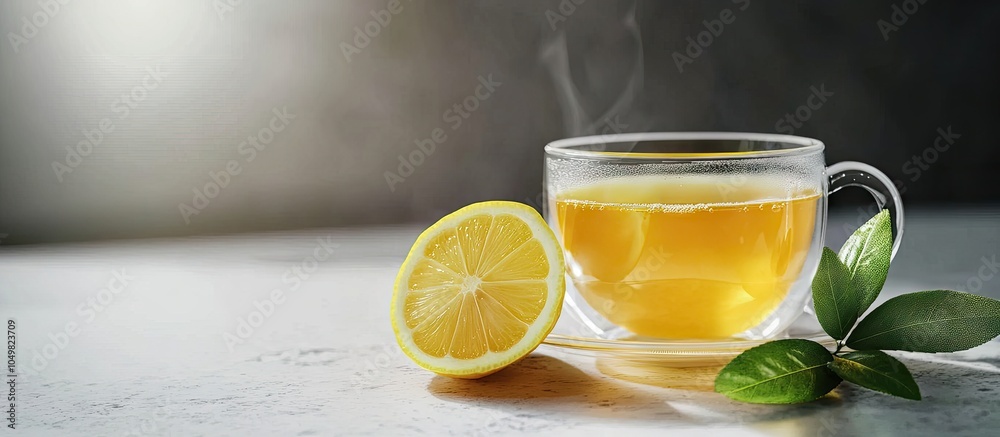 Aufkleber Ginger tea with lemon on a white table. with copy space image. Place for adding text or design