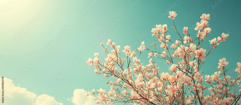 Leinwandbilder spring season image a flowering tree set against a blue sky vintage photo toning. with copy space im