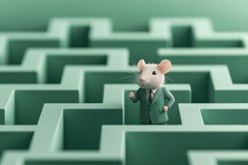 Rat race at work concept. A miniature mouse in a green suit navigates a stylized green maze creating a whimsical and playful scene