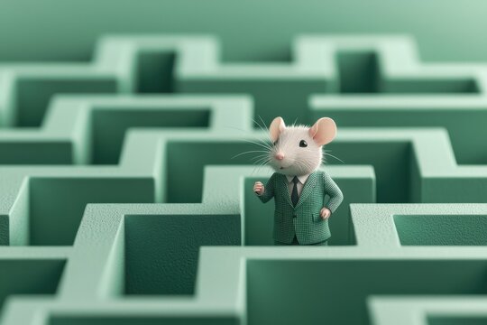 Rat race at work concept. A miniature mouse in a green suit navigates a stylized green maze creating a whimsical and playful scene