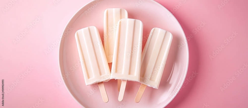 Poster Homemade yogurt popsicles on sticks presented on a plate top view flat lay with blank space for a caption Perfect colors capturing a summer vibe. with copy space image