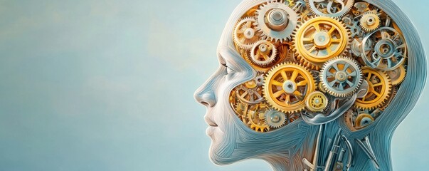 Rat race at work concept. A surreal image depicting a profile of a human head filled with intricate gears suggesting themes of technology and cognitive processes