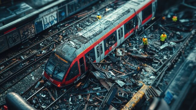 A dramatic photo of a train accident aftermath, with debris and emergency services present at the scene