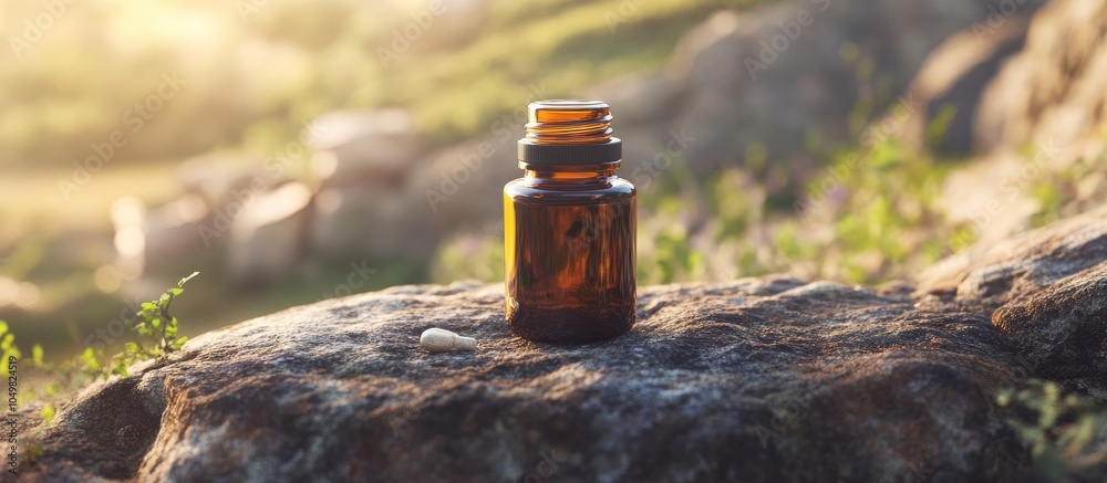 Aufkleber essential oil bottle resting on a rock small brown medicine bottle set against a natural backdrop or