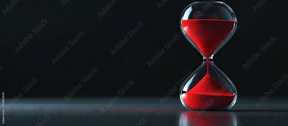 Fototapete Hourglass with red sand flowing on a grey table Area for text. with copy space image. Place for adding text or design