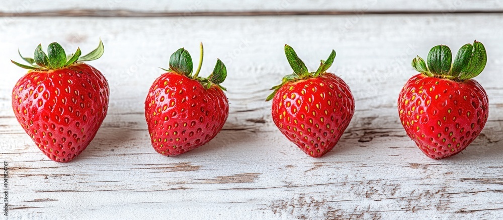 Leinwandbilder four ripe juicy strawberries on a white wooden background macro. with copy space image. place for ad