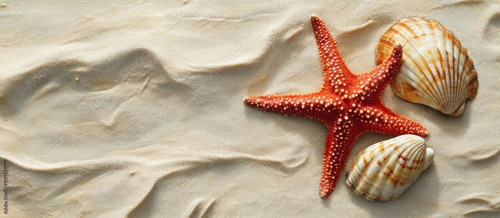 Fototapete Red starfish and a shell on a sandy surface. with copy space image. Place for adding text or design