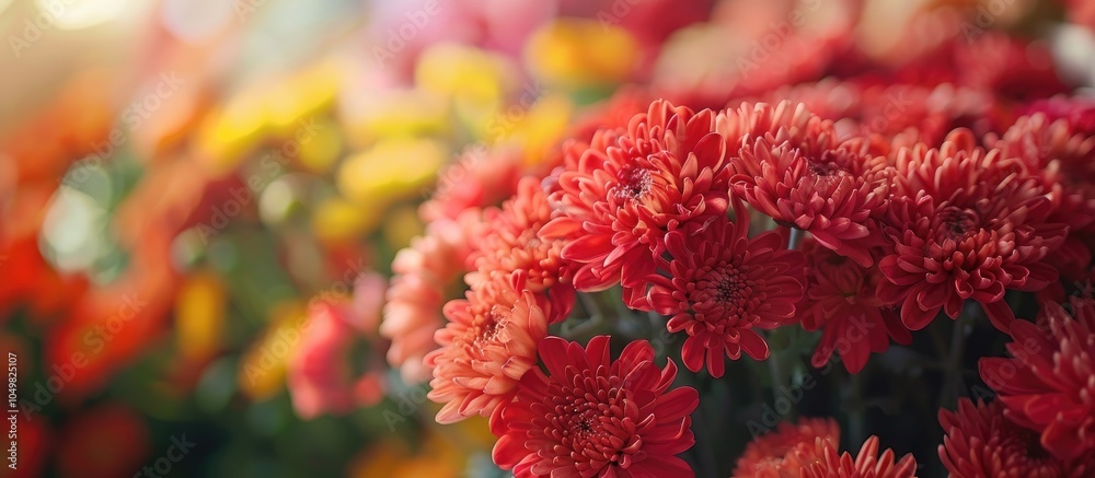 Poster red chrysanthemums bouquet in flower shop as background. with copy space image. place for adding tex