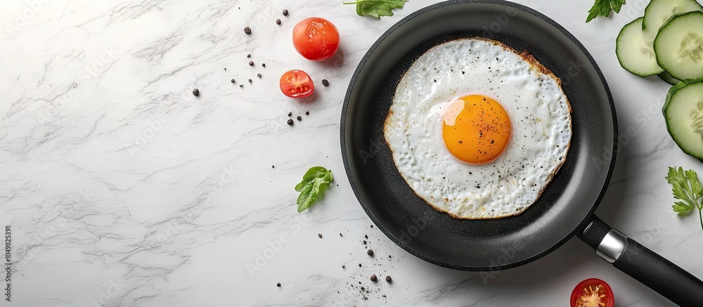 Leinwandbilder fried egg pan cucumber tomato coffee. with copy space image. Place for adding text or design