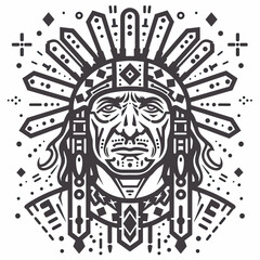 Fototapeta premium Native American Chief Black And White Portrait Illustration Tribal Art Indigenous Culture Headdress Tattoo Design