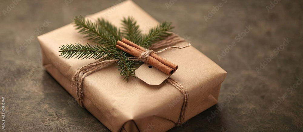 Poster Christmas gift wrapped in Kraft paper featuring a label for writing and adorned with a cinnamon stick and spruce branch. with copy space image. Place for adding text or design