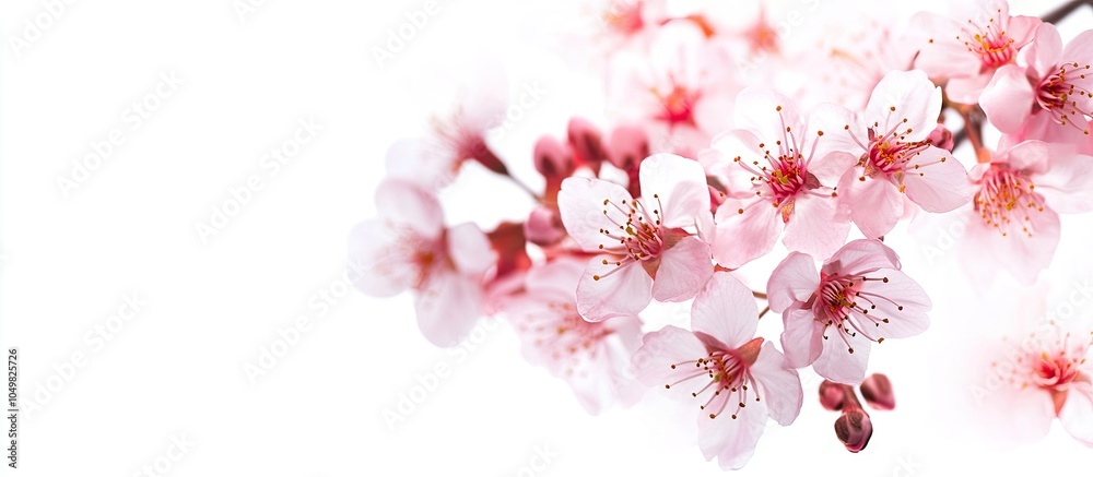 Poster Sakura flower cherry blossom isolated on a white background Background for a greeting card Shallow depth of field Soft tones. with copy space image. Place for adding text or design