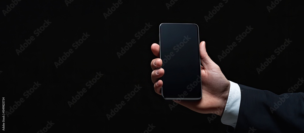 Poster A smartphone held by a businessman against a black background Mockup cellphone display template Body part Space for text. with copy space image. Place for adding text or design