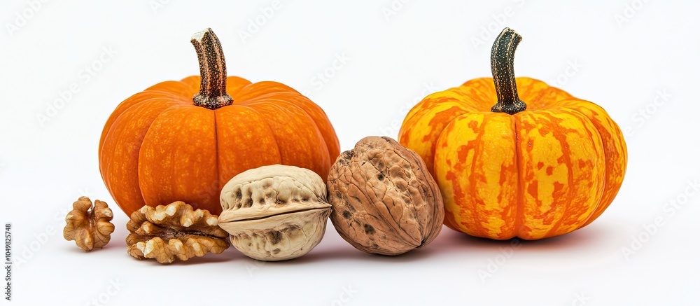Leinwandbilder Decorative small pumpkin and walnut shell set against a white background. with copy space image. Place for adding text or design