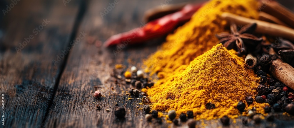 Poster a range of vibrant spices on a wooden table. with copy space image. place for adding text or design