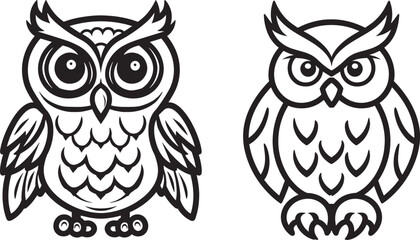 Fototapeta premium Two Black And White Owls Mascot Character Design With Big Eyes And Sharp Claws Perfect For Logo Or Tattoo Inspiration Bird Animal Wildlife Night Vision Wisdom Knowledge Nocturnal Predator Hunting