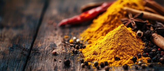 A range of vibrant spices on a wooden table. with copy space image. Place for adding text or design