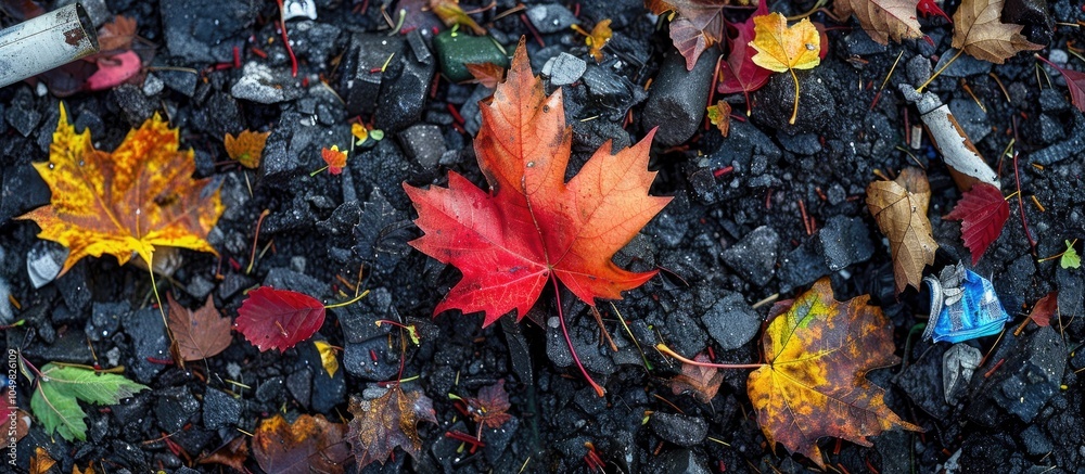 Poster an autumn maple leaf rests on the garbage. with copy space image. place for adding text or design