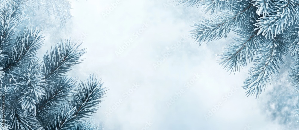 Leinwandbilder frozen conifer branches in a white winter snowstorm. with copy space image. place for adding text or