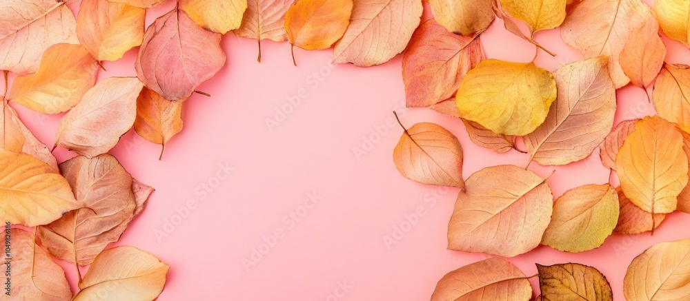Poster top view of golden fall leaves on a pastel background flat lay minimalist autumn concept innovative 