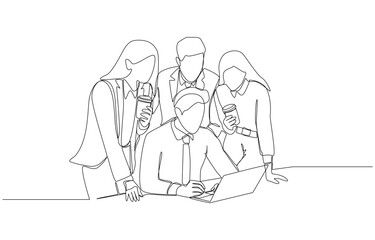 Continuous one line drawing of young male employee working on laptop with colleagues surrounding him to comment his work, work conference, assistance in reviewing work concept, single line art.