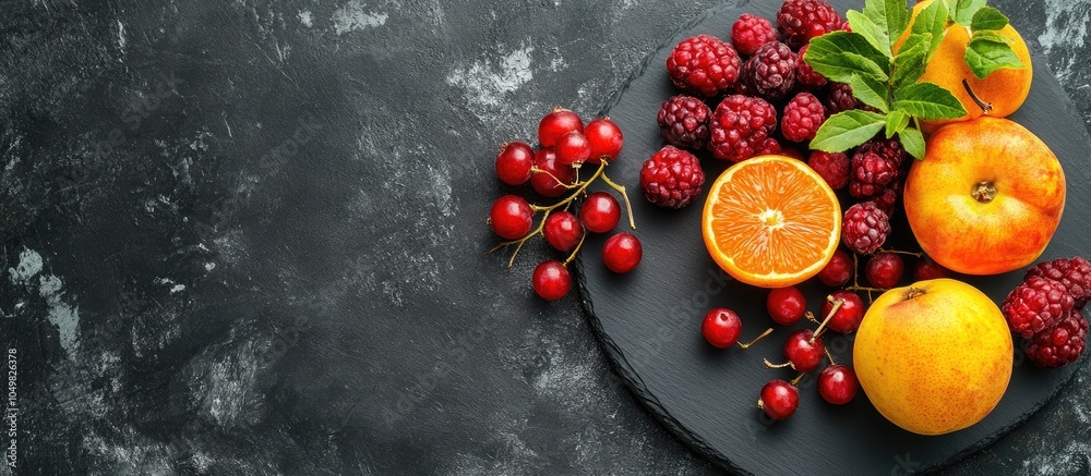 Aufkleber fruits background in yellow and red hues dark stone slate plate with copy space flat lay top view su