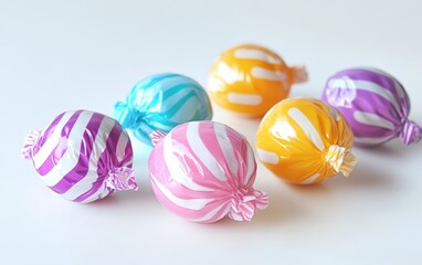 Obraz premium Colorful Candy: A small pile of assorted colorful candy pieces, adding a pop of brightness on a white background 