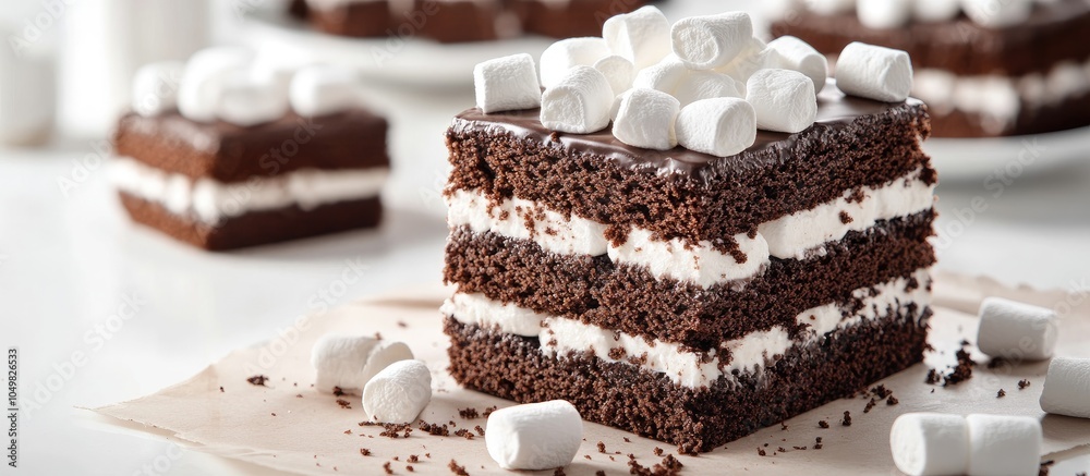 Poster Chocolate cake slices made from cookies and cocoa topped with marshmallows displayed on bakery paper High key still life food style in a Hugge Scandinavian Nordic aesthetic. with copy space image