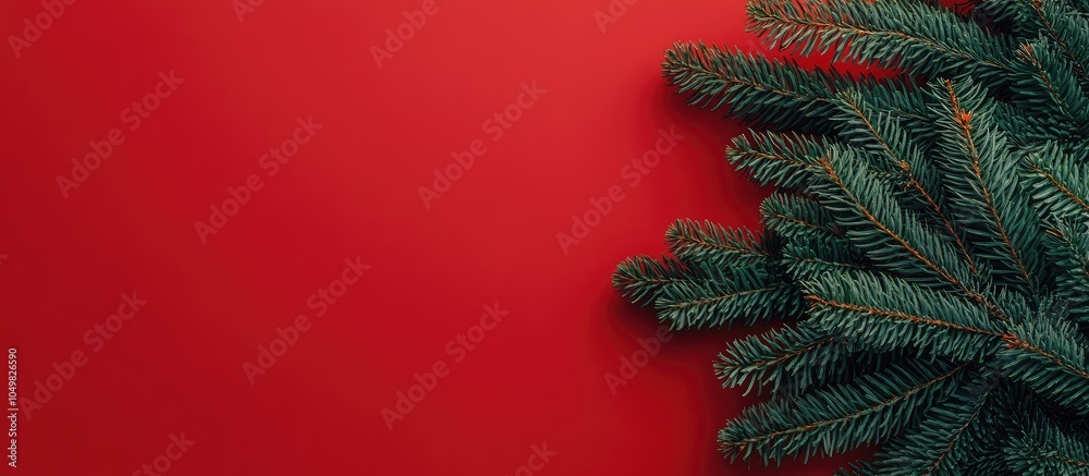 Leinwandbilder Christmas decoration featuring a fir tree on a red background. with copy space image. Place for adding text or design