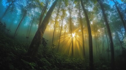 Obraz premium Sunlight Beams Through Misty Forest
