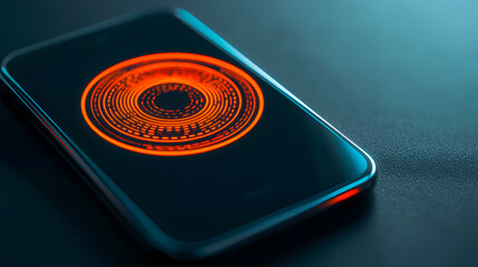 Futuristic smartphone display with abstract circular design in vibrant orange glow