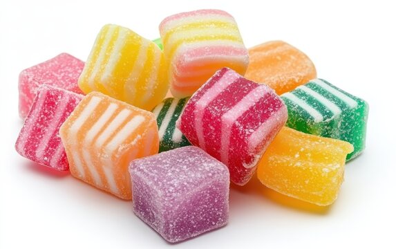 Colorful Candy: A small pile of assorted colorful candy pieces, adding a pop of brightness on a white background 