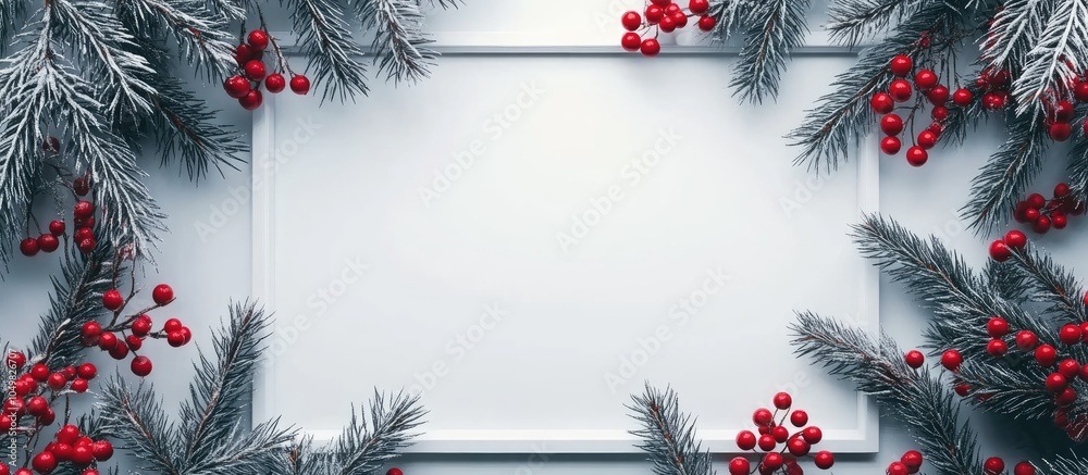 Aufkleber creative arrangement of christmas tree branches with twigs of red berries and a white frame new year