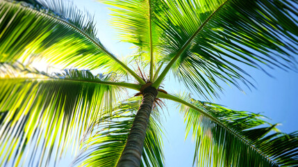 Fototapeta premium Palm tree leaves against a bright blue sky.