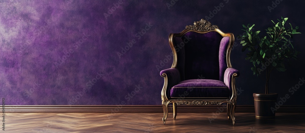 Poster vintage luxury armchair and frame in a room with purple wallpaper. with copy space image. place for 