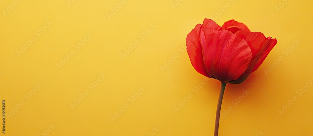 Leinwandbilder half closed red blooming flower on a yellow background. with copy space image. place for adding text
