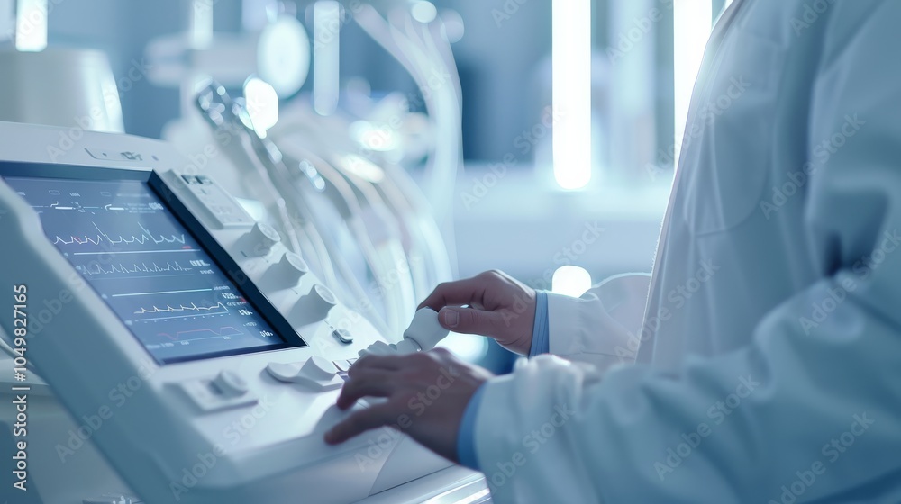 Aufkleber a close-up of a doctor��s hands operating a sophisticated medical device with focus on the device co