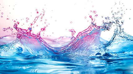 Pink and blue water splash with droplets against a white background.