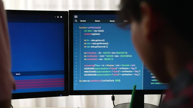 Back end software developer engineer for computer programming working together on debugging writing computing code, solving complex algorithms display on monitor in office. Burgeoning