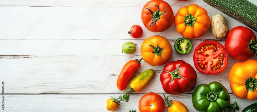 Poster different types of farming tomatoes peppers and zucchini on a white wooden surface zero waste shoppi