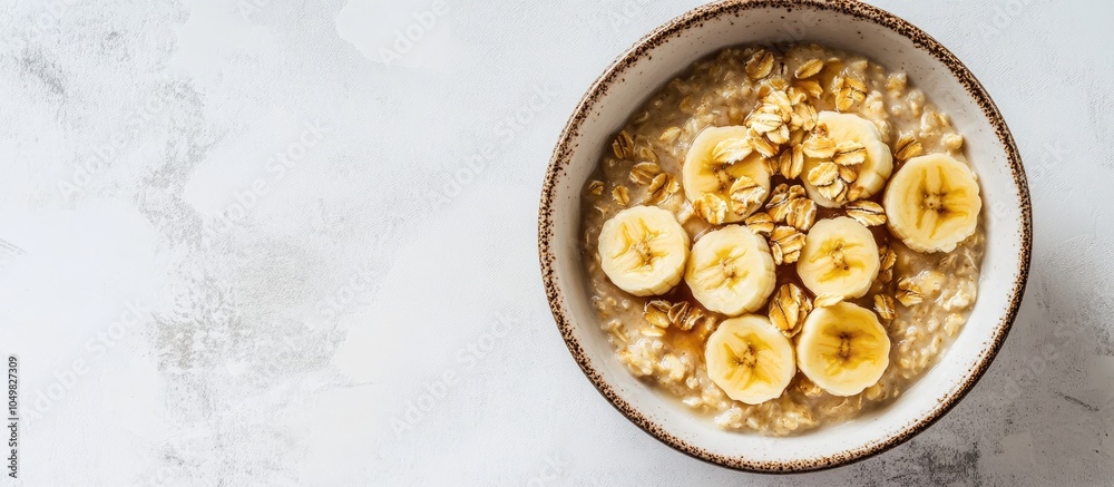 Poster caramelized banana oatmeal bowl on a light background with copyspace top view flat lay